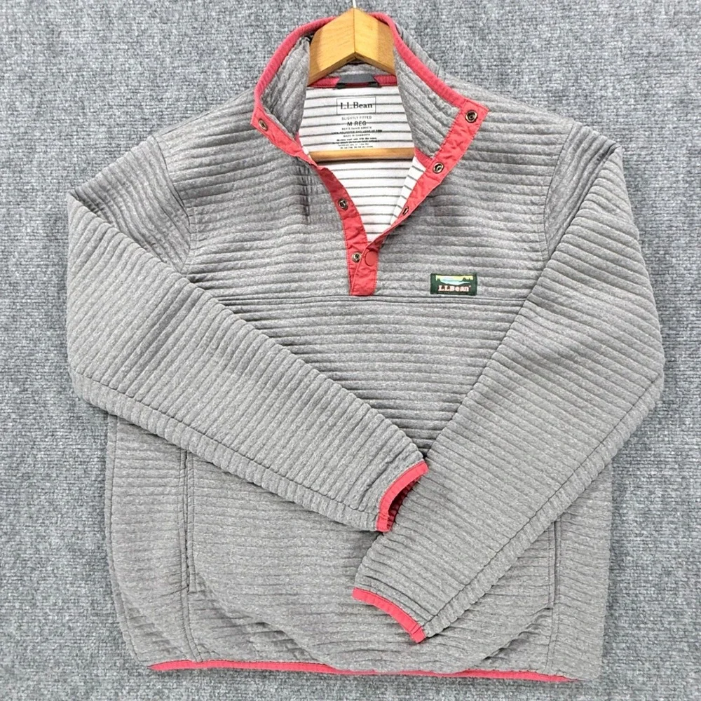LL Bean Airlight Knit Pullover Men's Medium Gray Red 1/4 Zip Slightly Fitted